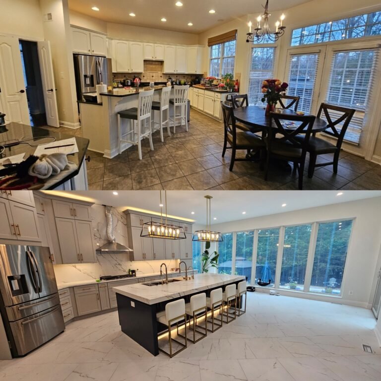Before and after kitchen remodel Salt Lake City: dated white cabinets with cluttered counters and chandelier transformed to modern gray cabinets, large marble waterfall island with navy base, gold fixtures, and bright open layout